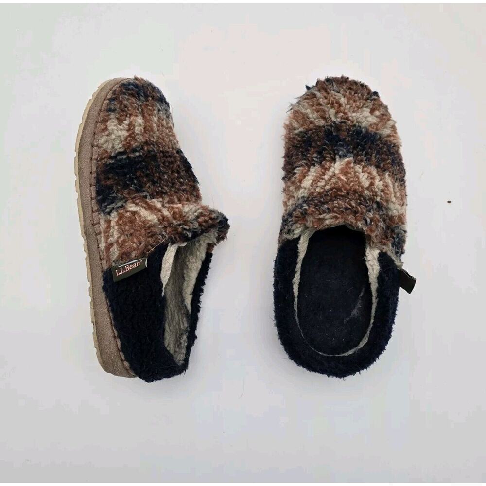 LL Bean Slippers Womens 6 Blue Faux Fur Sherpa Teddy Cozy Slip On Slides